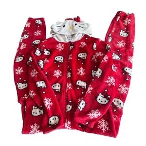 Hello Kitty by Sanrio Red Fleece Xmas‎ Snowflake Pajamas Onesie Sleepwear Medium